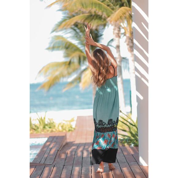 Resort Maxi Dress by T. Zovich Mixed Media Green Floral V-Neck Spaguetti Smocked - Picture 16 of 16